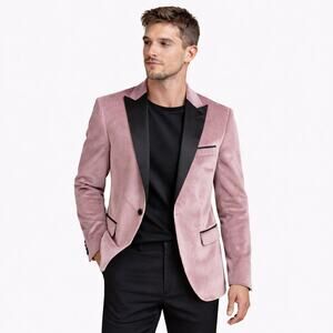 Retro Paris Velvet Blazer Pink Blush Black Satin Lapel Slim Fit 38S Formal